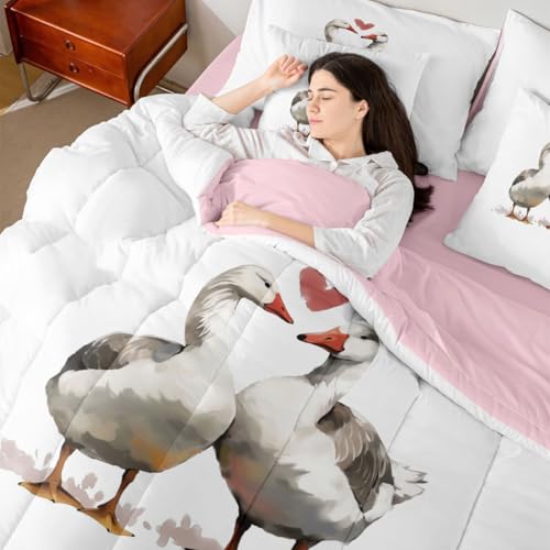 Image of Erosebridal Geese Valentine 7 Pcs Bedding Set King Size Cartoon Ducks Comforter Set for Girls Kids Goose Duck Couple Decor Quilt Set Kawaii Farm Animals Bed in A Bag with Flat and Fitted Sheet