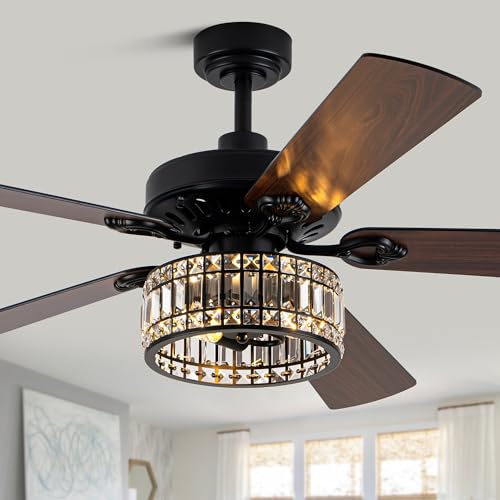 Image of 52'' Black Chandelier Fan Crystal Farmhouse Ceiling Fan with Light