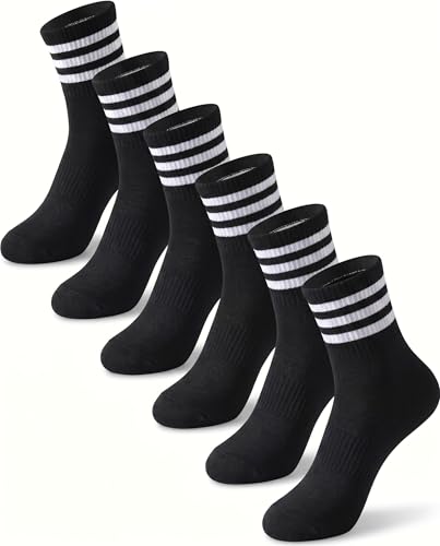 MISSWHO Size 3-15 Womens & Men Striped Socks Cotton Casual Breathable High Stretch Crew Running Frilly Cozy Calf Sock Black 6 Pairs M