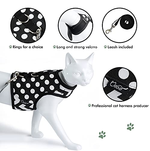 Image of Cat Harness and Leash for Walking Escape Proof, Adjustable Cat Vest Harness, Padded Stylish Cat Walking Jackets, Polka Dot Black, Medium