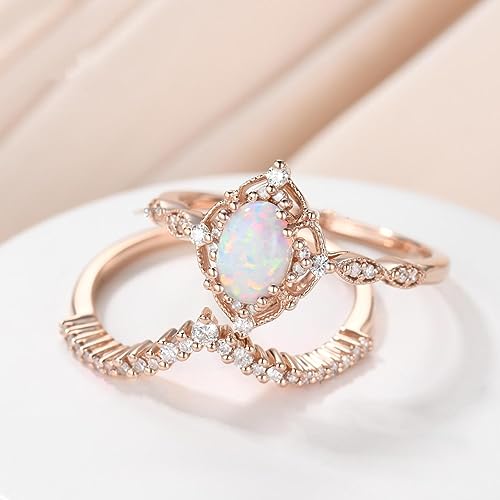 Vintage Opal Bridal Ring Set Art Deco 0.75ct Oval Opal Engagement Ring Set for Women S925 10k 14k 18k Rose Gold Moissanite Wedding Ring Set 2Pcs Anniversary Ring Gift for Her Free Engraved4