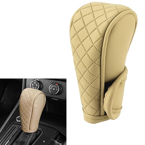 Image of DETACHI Car Gear Knob Cover Premium PU Leather Beige Non Slip Waterproof Gear Shift Protector Universal Fit for Cars SUVs Trucks Durable Diamond Design Handbrake Cover Stylish Car Interior Accessory