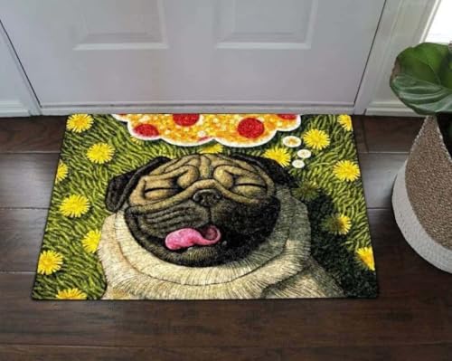 ���փ}�b�g �p�O�̉Ԃ̃s�U�̃z�[���f�R���[�V���� 50×80cm doormat Pug Flower Pizza Home Decor