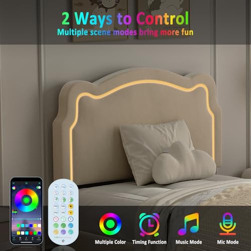 Image of Velvet Upholstered Princess Bed Frame with RGB LED Smart Light, Adjustable Bear Headboard, Wooden Slat Support, No Box Spring Needed, Noise-Free, Easy Assembly, Twin Size for Kids,Twin Beige