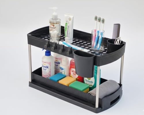 Image of JD Fresh Pack of 1 Under Sink Storage Organizer /Pull Out Cabinet Storage with Hooks & Hanging Cup /2 Tier Plastic Organiser Rack and Sliding Shelf Basket (Black)