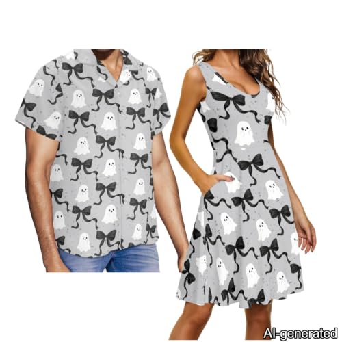 Image of Dreaweet Summer Dresses for Women A-Line Sleeveless Flowy Sun Dresses,Men's Casual Button-Down Shirts,Couple Matching Outfits