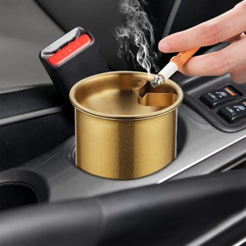 Image of HASTHIP Car Ash Tray Stainless Steel Golden Ashtray, Windproof Ashtray with Cigarette Holder & Funnel Lid, Car Ash Tray Table for Home Office, 3.9 x3.9 x3.9 inches (Golden)