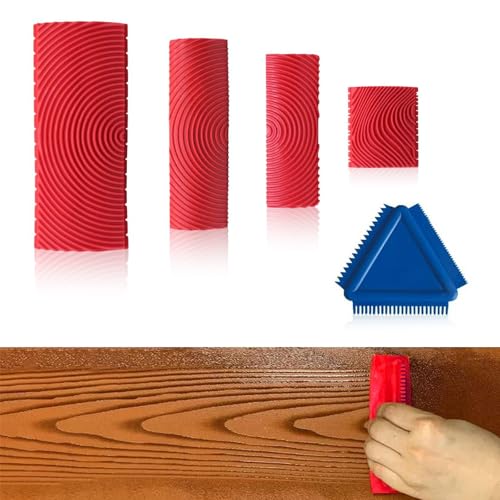 TIANLIN Veteador Efecto Madera, 4 Piezas Herramienta de Grano de Madera, Goma Herramienta Textura de Madera, con Peine Raspador Triangular, Cuatro Tamaños, para Decoración del Hogar y Bricolaje