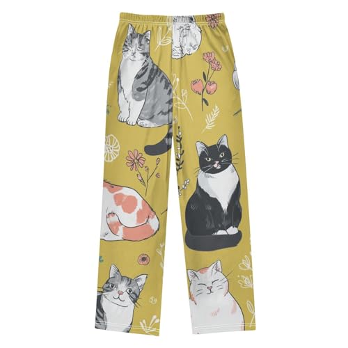 Cat Spring Flower Boys Long Pants Soft Trousers Elastic Waist Kids Lounge Bottoms with Pockets S-XL2