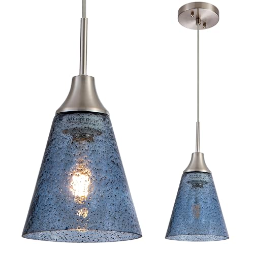 Image of Viinew 5.9 inch Glass Pendant Light Dark Blue Seeded Glass Hanging Light
