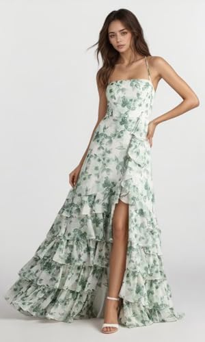 Women Floral Spaghetti Strap Bridesmaid Dress with Slit Chiffon Tiered Ruffle Wedding Guest Formal Dresses2