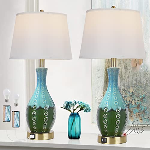 Qimh Blue Ceramic Table Lamp For Living Room Set Of 2, Mid Century Modern Teal Green Vase-Shaped Lamps For Bedroom Decor, Touch Control Bedside Lamp For Nightstand With Dual Usb Ports #TOP24