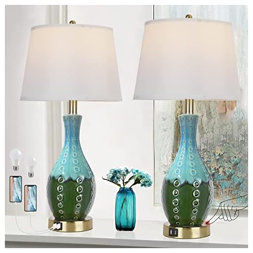 QiMH Blue Ceramic Table Lamp for Living Room Set of 2, Mid Century Modern Teal Green Vase-Shaped Lamps for Bedroom Decor, Touch Control Bedside Lamp for Nightstand with Dual USB Ports