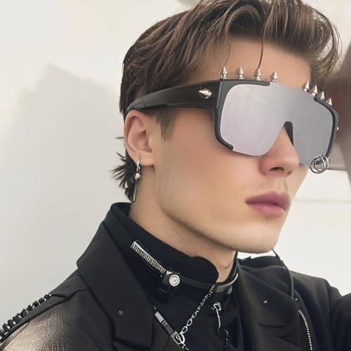 Junsika Oversized Punk Studded Sunglasses for Men Women Trendy Cool One Piece Designer Shield Sunglasses3