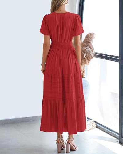 BTFBM Womens Summer 2026 Casual Midi Maxi Dresses Lightweight Short Sleeve V Neck Elastic Waist Boho Beach Dress Pockets - image 3