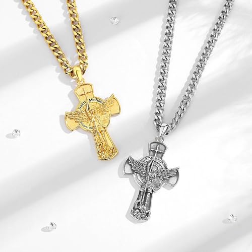INFUSEU Cross Necklace for Men Women, Sterling Silver Gold Large Orthodox Cross Caravaca St Michael Pendant, 22+2 inch Chain3