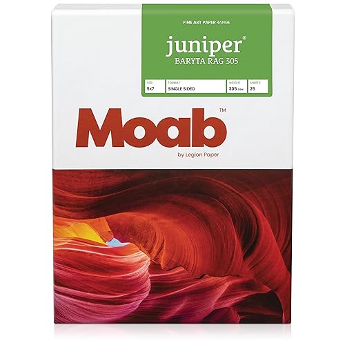 Moab Juniper Baryta Rag 305, 100% Cotton Fine Art Archival Inkjet Paper, Semi-Gloss Natural White, Heavy Weight 305gsm, 25 Sheets (5X7)