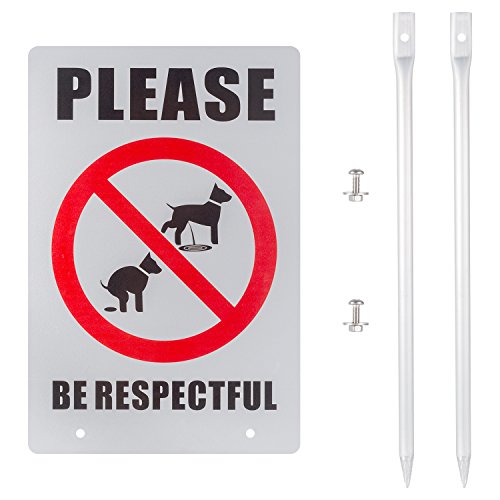 Kichwit Double Sided No Dog Poop Yard Sign, Please Be Respectful Sign, All Metal Construction, No Dog Pooping or Peeing Sign, Sign Measures 11.8" x 7.9", 14" Long Metal Stakes Included