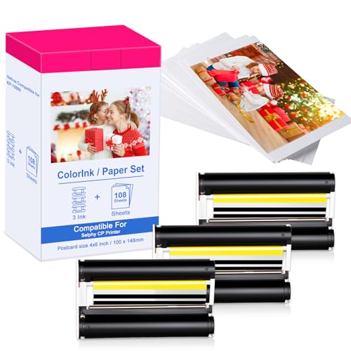Kompatibel mit Canon Selphy CP1300 CP1500 Tinten und Papier Multipack 108 Fotopapier + 3 Farbkartusche, Ersatz für Canon KP-108IN 3115b001(AA) für Selphy CP Fotodrucker CP1200 CP1000 CP910 CP900