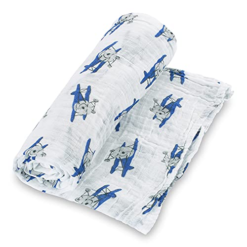 Image of LollyBanks Muslin Swaddle Blanket, 100% Muslin Cotton Baby Blankets for Boys, 47 X 47 Inches Baby Boy Swaddles, Breathable and Lightweight Infant Blanket, Newborn Essential, Registry (Airplane Print)