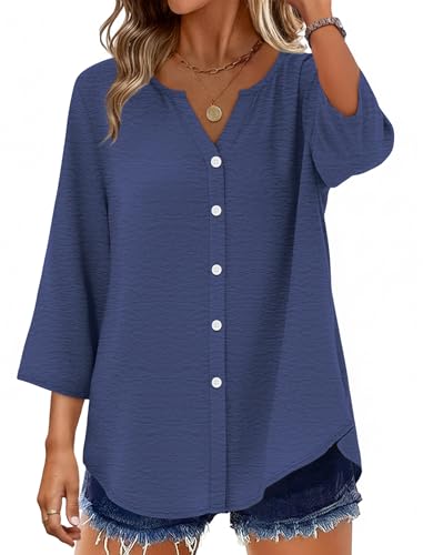 Image of OFEEFAN Button Down Shirts for Women 3 /4 Length Sleeve Tops V Neck Blouses Business Casual Outfits Loose Fit