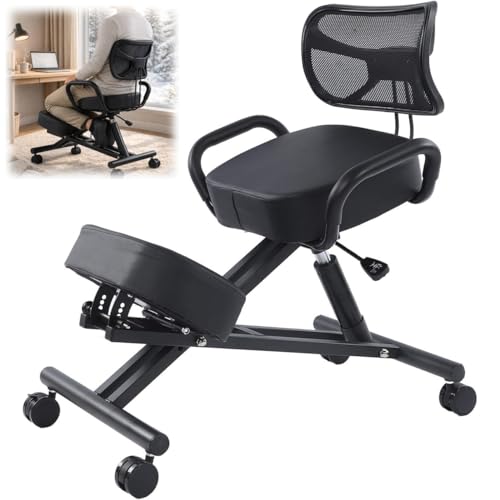 BBTEQEKN Adjustable Ergonomic Kneeling Chair with Leather Cushion, Height and Angle Adjustable Breathable Back Support Kneeling Chair, Cross Legged Office Chair
