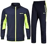 Rdruko Conjuntos de chándal para hombre, chaqueta deportiva con cremallera completa, casual, con cordón elástico, 2 piezas con bolsillos con cremallera, Verde fluorescente y azul marino, M