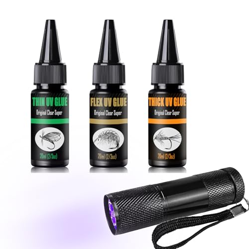 Eupheng UV Clear Glue Kit (Thick, Thin, Super Flex) + 9 LED UV Power Light for Fly Tying, Fast Curing, Tack-Free, Crystal Clear, Eco-Friendly, Ideal for Fly Heads, Bodies, Wings & Knot Protection