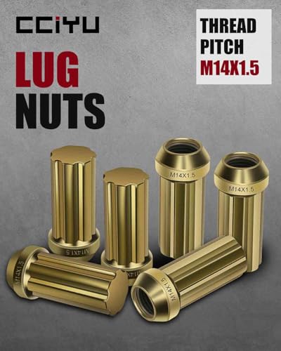 Image of cciyu Set of 32+1 Key Gold Spline Wheel Lug Nuts 14x1.5 Closed End 2 Inch Tall 3 /4 Drive Hex Size for Chevrolet Silverado 2500 /3500 for GMC Sierra 1500 /2500 /3500 for Hummer H2 1999-2019
