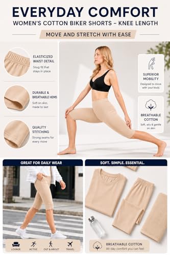 Image of mybody Women's Cotton Knee Length Cycling Shorts | Stretchable Breathable Biker Gym Yoga Workout Shorts | Mid Waist Athletic Fit