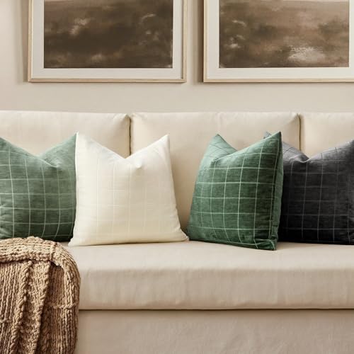 Image of MIULEE Sage Plaid Decorative Throw Pillow Covers 20x20 Set of 2 | Vintage Check Chenille Couch Pillows Neutral Boho Farmhouse Cushion Covers Modern Home Decor for Sofa Bed Living Room