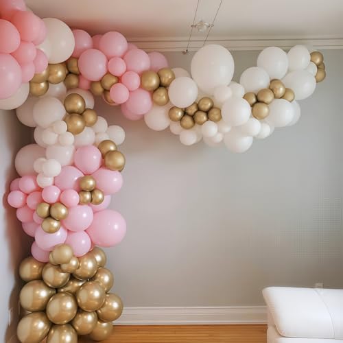 Image of Pink Gold Balloons Set, 60Pcs 12 Inch Pastal Baby Pink Metallic Gold White Balloon with Gold Confetti Latex Balloons for Girls Women Birthday Wedding Baby Bridal Shower Party Decorations Supplies