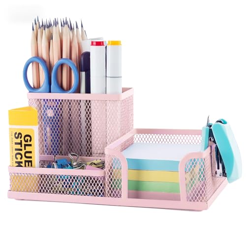 M&G Mesh Pen Holder Desk Organizers Pencil Holder for Desk Pink, 3 Compartments Metal Office Supply Organizer with Sticky Notes Holder for Home Office