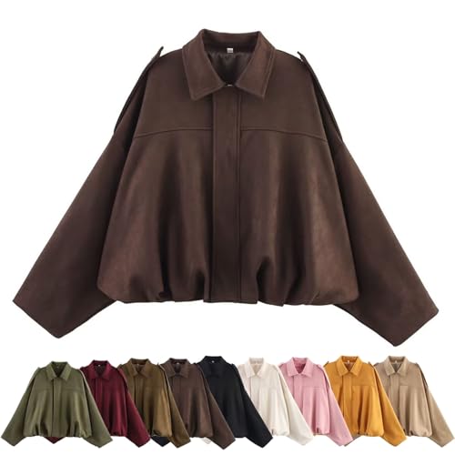 HUIQINGLI Women's Casual Lapel Faux Suede Cropped Jacket, Spring Lapel Pilot Coat Y2k Going Out Jackets Outerwear