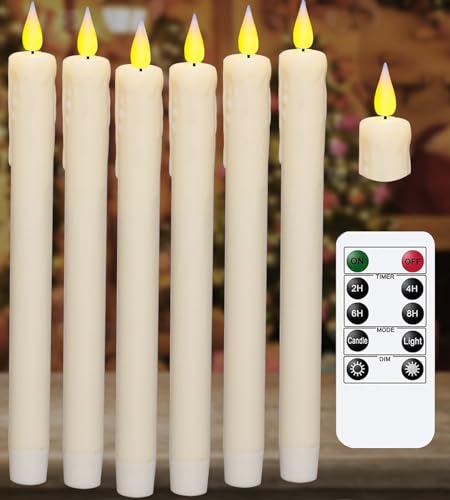 Image of KSWING Upgraded Real Wax LED Flameless Taper Candles with Remote, 6 PCS White Dripping Candlesticks Battery Operated 3D Flickering - 9.6 inch Long Realistic Fake Candle Sticks for Home /Wedding /Xmas Decor
