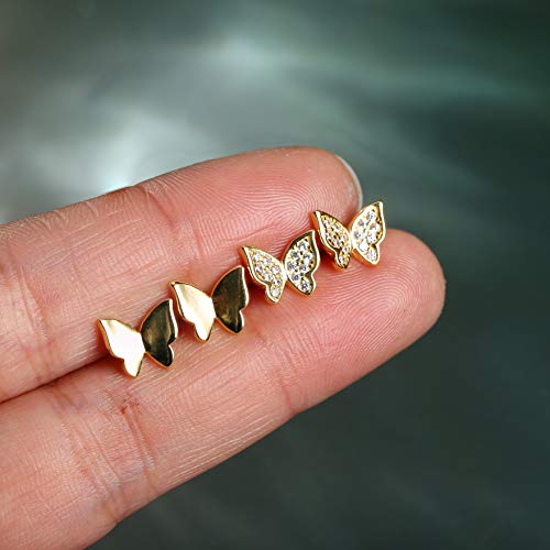 Milacolato 2 Pairs Sterling Silver Butterfly Stud Earrings For Women 14K Gold Plated Cubic Zirconia Butterfly Stud Earrings Daily Stud Earrings, Yellow Gold #TOP3
