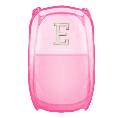 Buyongwant Collapsible Pop Up Laundry Hamper, Extra Large with Removable Initial Letter E, Mesh Foldable Laundry Basket, 28" x 16" x 16" (Pink)