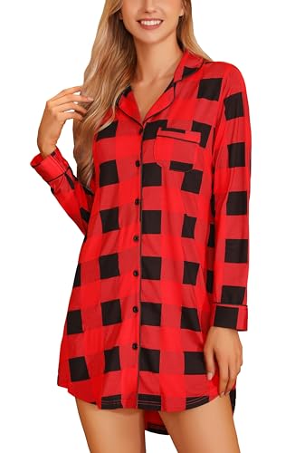 Image of Samring Nightgown for Women Long Sleeve Button Down Night Gown Boyfriend Nightdress Sleep Shirts