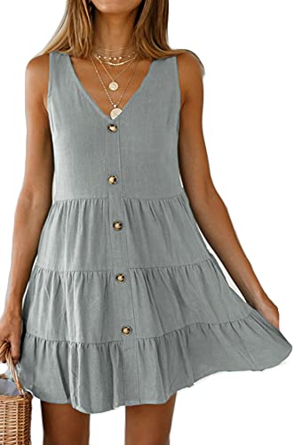 Casual Dresses for Women Summer Tiered Pleated Short Dress with Button Decor Elegant Grey XL