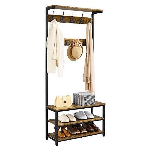 Yaheetech Hall Tree Coat Rack Shoe Bench with 23 Hooks, Industrial 3 in 1 Coat Stand, Mudroom Storage Bench Wood Look Accent Furniture Steel Frame, Easy Assembly, Rustic Brown