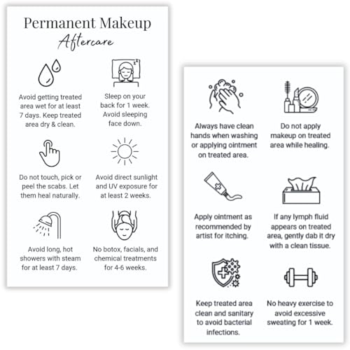 PMU Permanent Makeup Eyebrow Aftercare Card | 50 pack 2 x 3.5 Inch business card size | Tattoo Aftercare for Brow Microblading and Lip Blush, White & Black