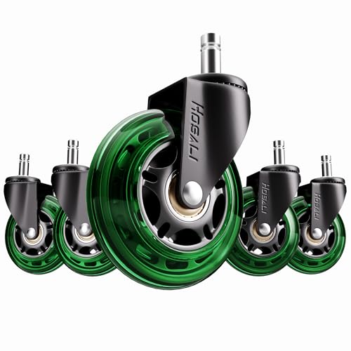 HOSALI Office Rubber Chair Wheels Replacement, 3 Inch Heavy-Duty Computer Desk Casters Wheel, Quiet & Smooth Rolling for All Floors, Set of 5, Green