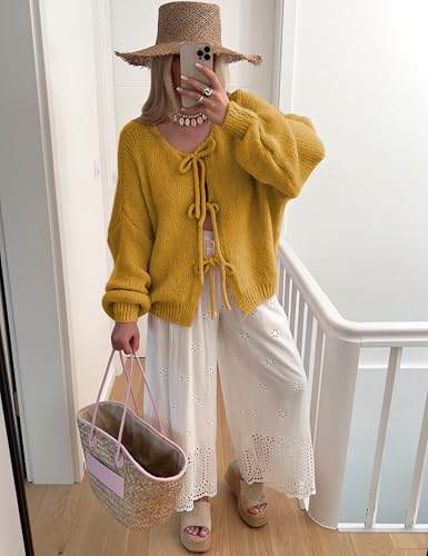 Image of SKIKYAN Women Bowtie Oversized Knit Sweater Cardigan Y2K Long Sleeve V Neck Open Front Casual Knitwears