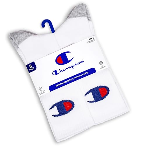 Image of Champion Men's Cushioned Crew Socks 5-Pack - Moisture-Wicking Athletic Crew Socks with Arch Support (Sizes 6-12)