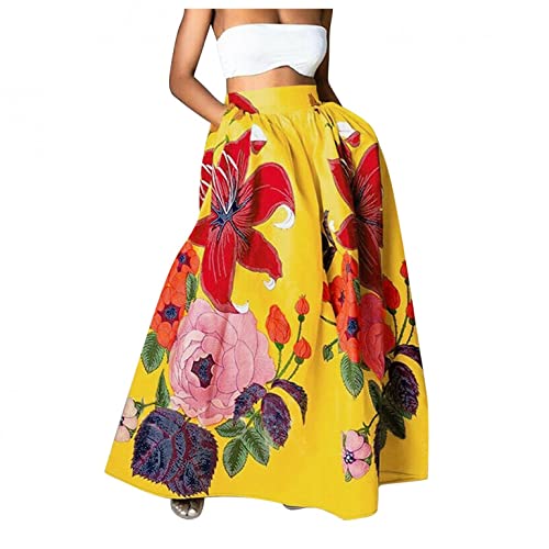 Gillberry Women's Bohemian Floral Printed Long Skirts Elastic Waist Casual Flowy Swing Vintage Maxi Skirt with Pockets Yellow