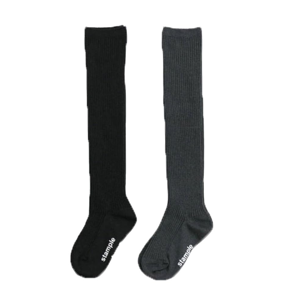 [スタンプル] 撚り杢 細リブ ニーハイソックス2足組 ガールズ col.B(クロ×グレー) 72285