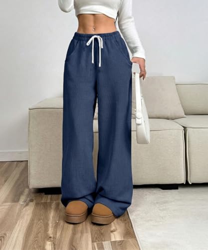 Image of Women's Trendy Korean Trouser with Pockets, Casual Corduroy Stretchable Baggy Loose || High Rise Elastic Waist Going Out Lounge Pants || Wide Leg Pants for Woman