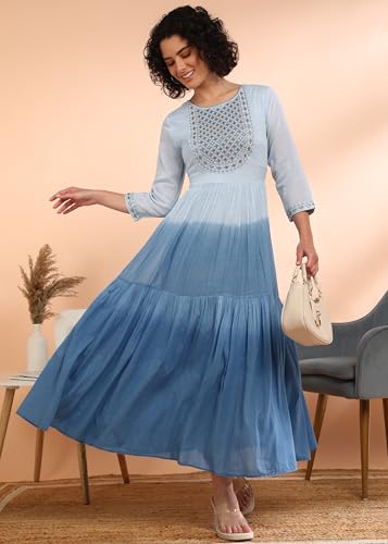 Image of Maaesa Women Embroidered Cotton Flared Dress