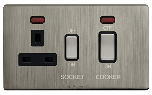 Gloss Brush Chrome 45A Cooker Control Switch Unit with 13A Socket Neon Indicators N331DME Screwless Plate Finish