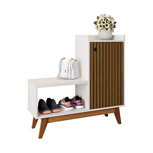 Sapateira Retrô Com Assento e Porta Shoes - RPM Móveis (Off White/Ripado)
